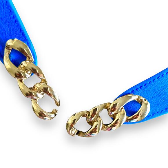 Vntg Gold Chain Buckle Cinch Waist Belt Cobalt Blue Elastic Stretch Narrow Y2k - Picture 10 of 11